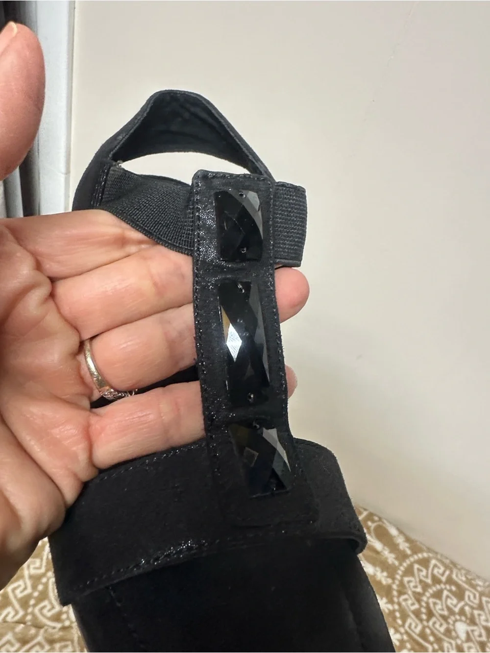 Black Jeweled T-Strap Women's Sandal